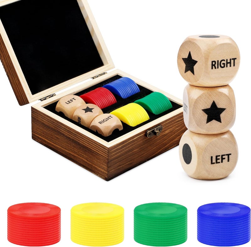 Pagather Fun Left Right Roll Dice Game Set, Include 3 1-inch Wooden Dices 48 Pcs Chips in Wooden Box, Easy to Store and Carry Around for Travel(Wood) - Image 1